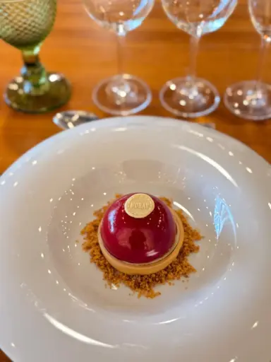 [Cat] Semi esfera de chocolate blanco relleno de compota de ciruela y crujiente de almendra New